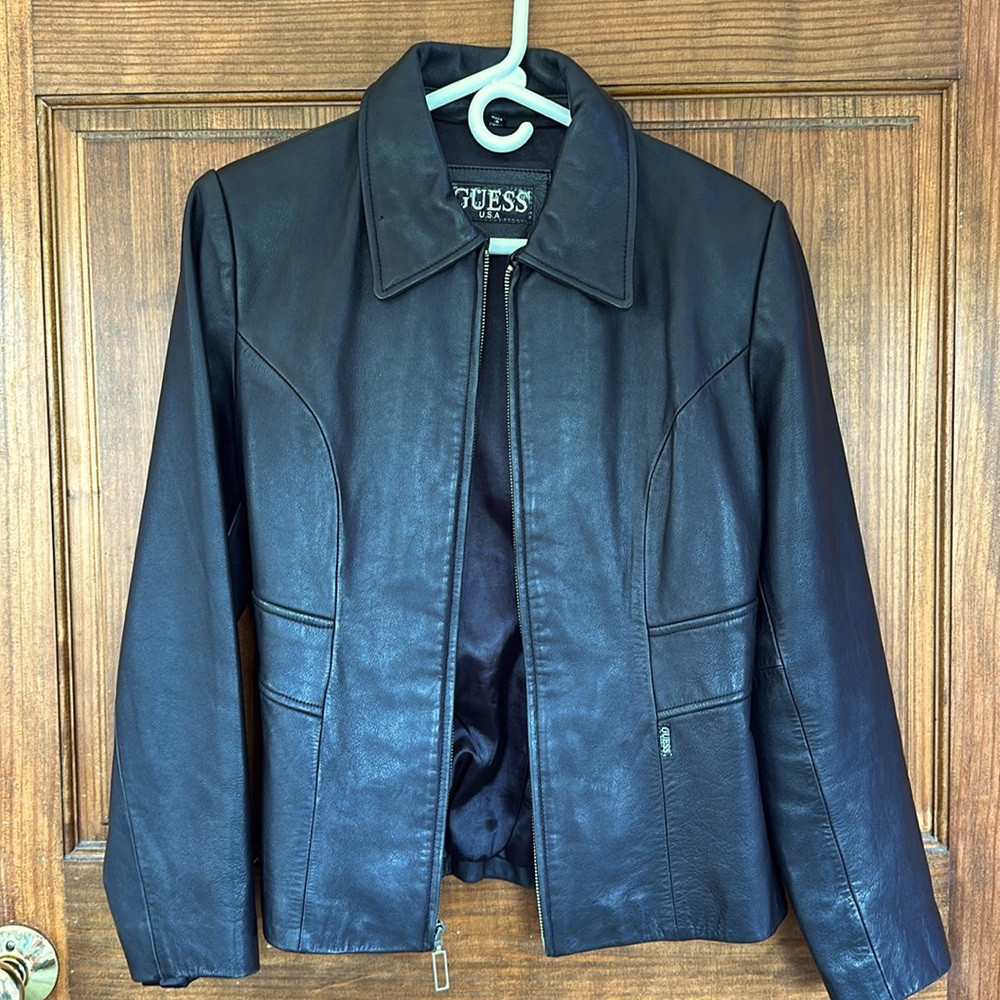 Guess black genuine leather jacket size medium